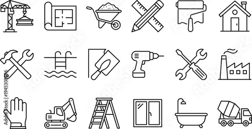 Construction and building industry icons collection with machinery tools and safety gear