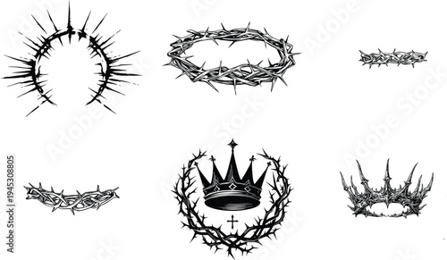 Crown of thorns symbols and royal crowns with crosses