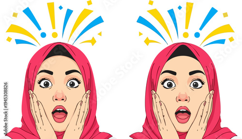 Surprised Muslim Woman in Pink Hijab with Wide Eyes and Open Mouth, Expressing Shock and Amazement, Vector Illustration for Marketing and Social Media