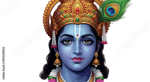 Digital illustration of a blue-skinned deity with ornate gold crown and peacock feather, adorned with jewelry, against a plain white background.