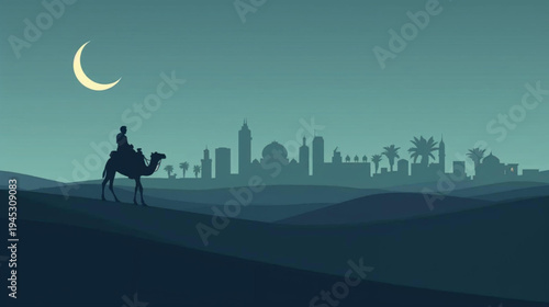 minimalist silhouette of a desert scene at dusk. A lone rider on a camel is crossing sand dunes. In the background, a grand city skycraper and palm trees illustration