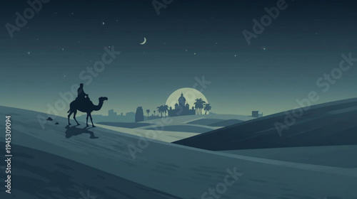 minimalist silhouette of a desert scene at dusk. A lone rider on a camel is crossing sand dunes. In the background, a grand city skycraper and palm trees illustration