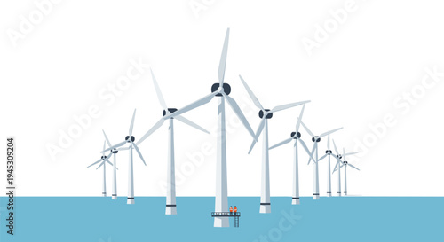 An offshore wind farm with multiple turbines and two workers.