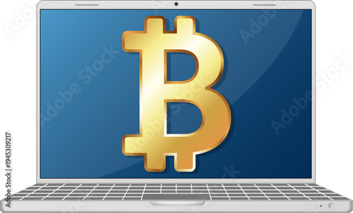 A laptop with a golden Bitcoin symbol on the screen