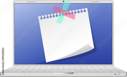A laptop with a sticky note stuck to the screen