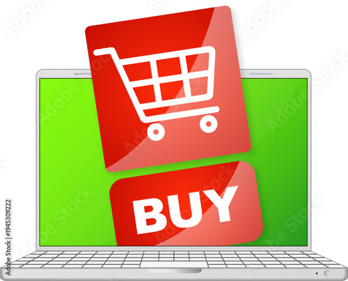 An open laptop with a red button with an online shopping cart on the screen