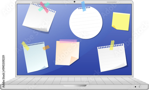 An open laptop with notes stuck to the screen