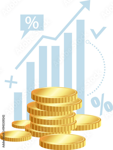 Gold coins against the backdrop of a market growth chart