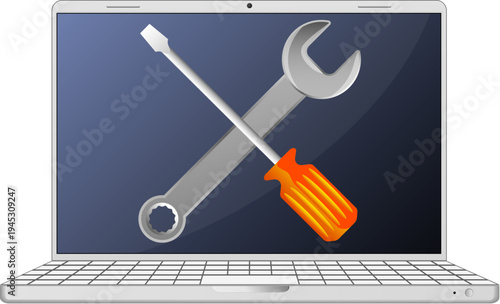 Screwdriver and wrench on laptop screen, repair and service