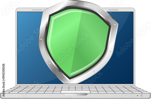 Laptop and green shield on screen, secure laptop data security