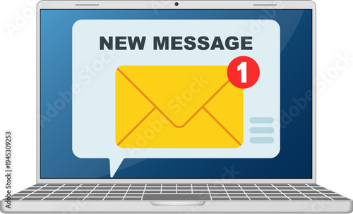 New message on laptop screen, yellow mail envelope