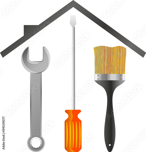 Wrench, screwdriver, and brush under the roof of a house. Symbol of repair and service
