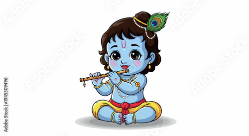 Illustration of a blue-skinned Hindu deity playing a flute with a peacock feather on his head against a clean white background.
