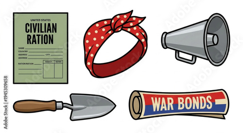 Collection of vintage World War II-era propaganda and rationing items, including a ration book, bandana, megaphone, trowel, and war bonds poster