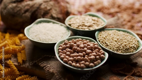 Close-up of carbohydrate-rich foods on a table, including bread, rice, wholegrain flakes, oats, wheat and corn pasta. Carbs Food.