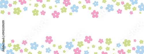Cute pastel floral border with pink, blue, and green cartoon flowers arranged along the top and bottom edges on a light background. Ideal for spring invitations, Easter designs, and nursery decor