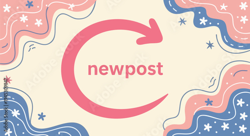 New Post Social Media Concept Vector Illustration with Refresh Arrow and Abstract Wavy Shapes in Pastel Pink and Blue for Digital Content and Online Marketing