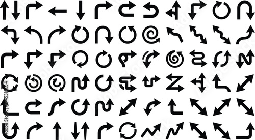 Vector black font alphabet set with metal letters and a collection of web icons including direction arrows and design symbols