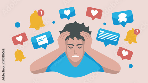 A stressed man overwhelmed by social media notifications and messages