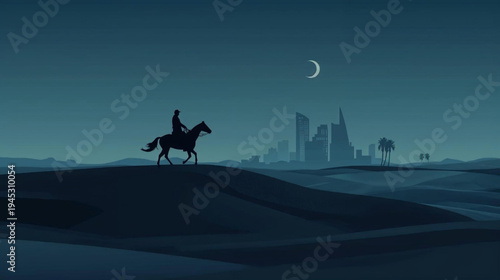illustration silhouette style, of a desert scene at dusk. A lone rider on a horse is crossing sand dunes. In the background, a grand city skycraper 