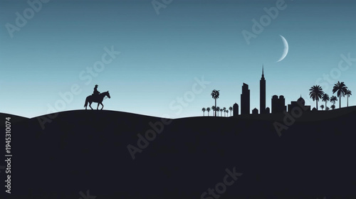 silhouette style, of a desert scene at dusk. A lone rider on a horse is crossing sand dunes. In the background, a grand city skycraper and palm trees
