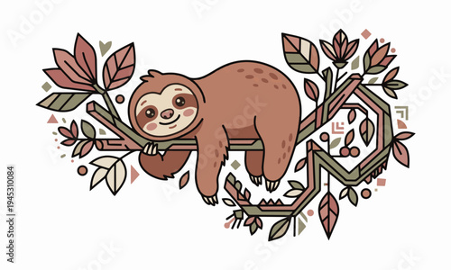 Cute Stylized Sloth Illustration Resting on a Geometric Tropical Branch