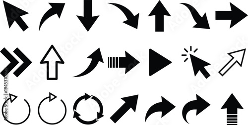 A comprehensive collection of 3d black arrow icons and web direction symbols featuring business pointer elements and cursor button shapes in a professional vector illustration set