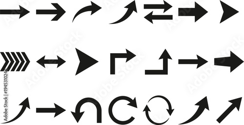 A versatile vector set of black arrow icons and web design elements featuring directional signs, pointers, and cursor shapes for internet navigation and interface buttons