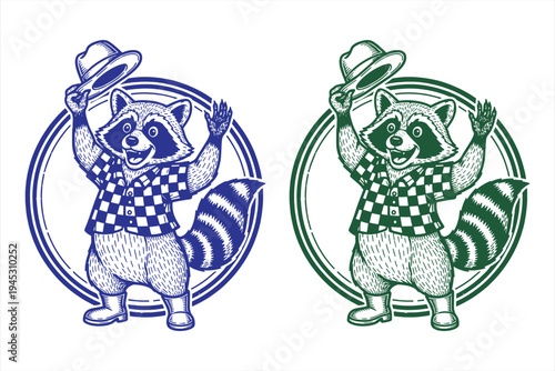 Cute Raccoon Tipping Hat Line Art Vector Illustration