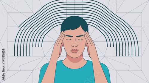 A stressed man with his hands on his temples in front of a geometric background with curved lines