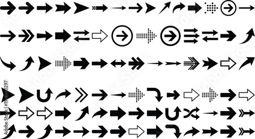 Vector alphabet set of letters with web icon design elements including black arrow signs, airplane silhouettes, and next button direction pointers in a circle button collection