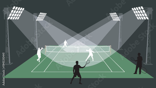 A group of people playing tennis on a green court under bright floodlights at night