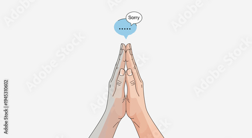 Hands in prayer position with speech bubble expressing apology vector illustration
