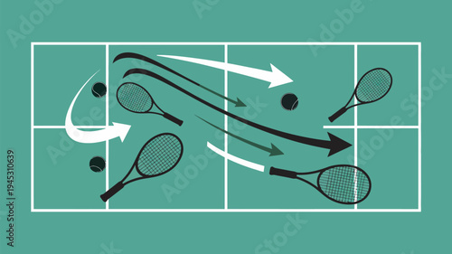 An illustration of a tennis court with rackets and balls in motion, demonstrating a dynamic tennis play strategy.