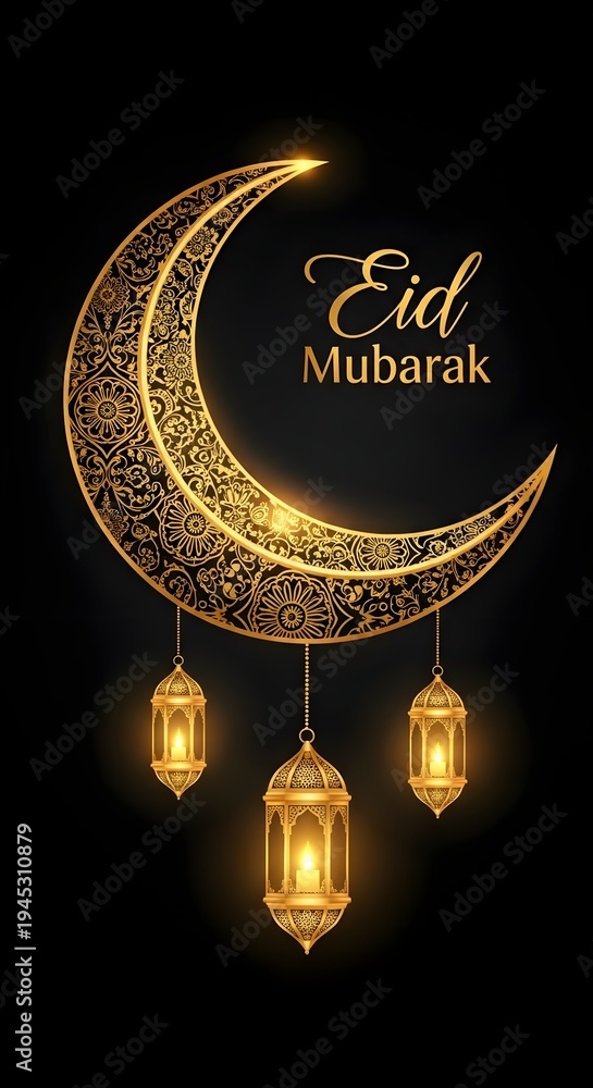 Fototapeta premium Celebratory design for eid mubarak featuring a crescent moon and lanterns