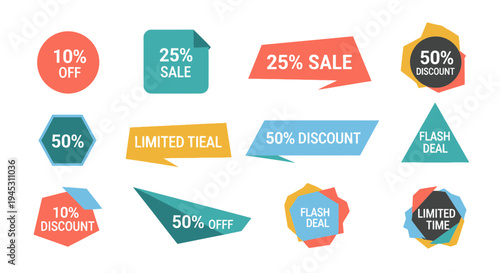 Colorful sale and discount badges and labels for advertising and promotions