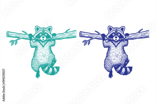 Cute Raccoon Hanging Upside Down on Tree Branch Line Art Vector Illustration