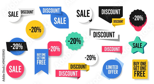 Colorful sale and discount badges and labels for advertising promotional offers