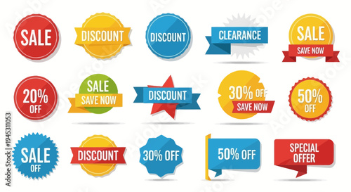 Colorful sale and discount badges and labels for promotional advertising
