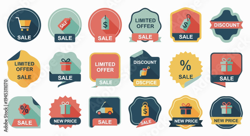Colorful sale and discount badges and labels for promotional advertising