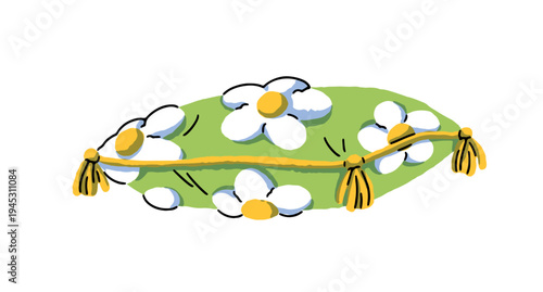 Decorative pillow patterned with daisy flowers. Green cushion with chamomile and tassels for bed and sofa. Cute bedroom interior design element. Flat isolated vector illustration on white background