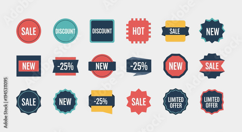 Colorful sale and discount badges and labels set on white background