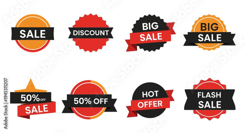 Colorful sale and discount badges set against a white background for promotion
