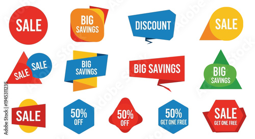 Colorful sale and discount badges set against a white background vector illustration
