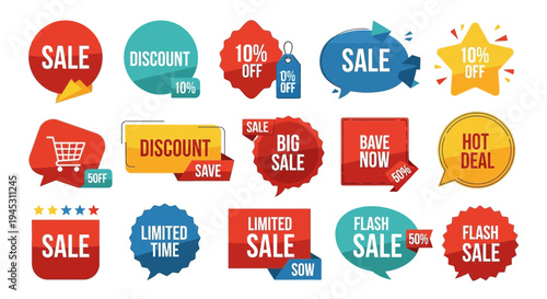 Colorful sale and discount badges set for marketing and advertising