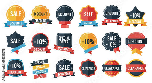 Colorful sale and discount badges with ribbons for promotions and offers