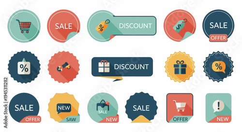 Colorful sale and discount badges with shopping cart and gift symbols