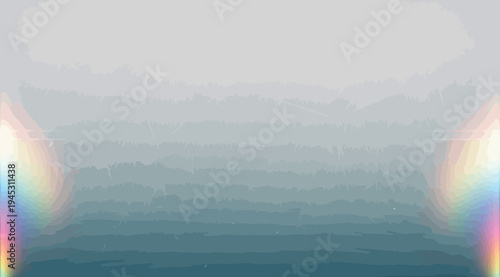 A serene and mystical landscape with a foggy atmosphere and a subtle rainbow effect on both sides of the image