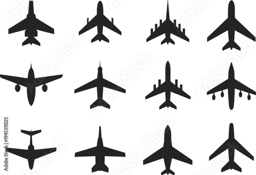 Airplane silhouette collection, commercial passenger aircraft top view icons set, aviation transport vector illustration isolated on white