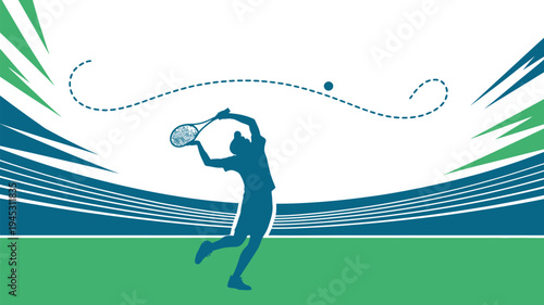 A tennis player in action hits a powerful serve on a vibrant green court with dynamic lines.